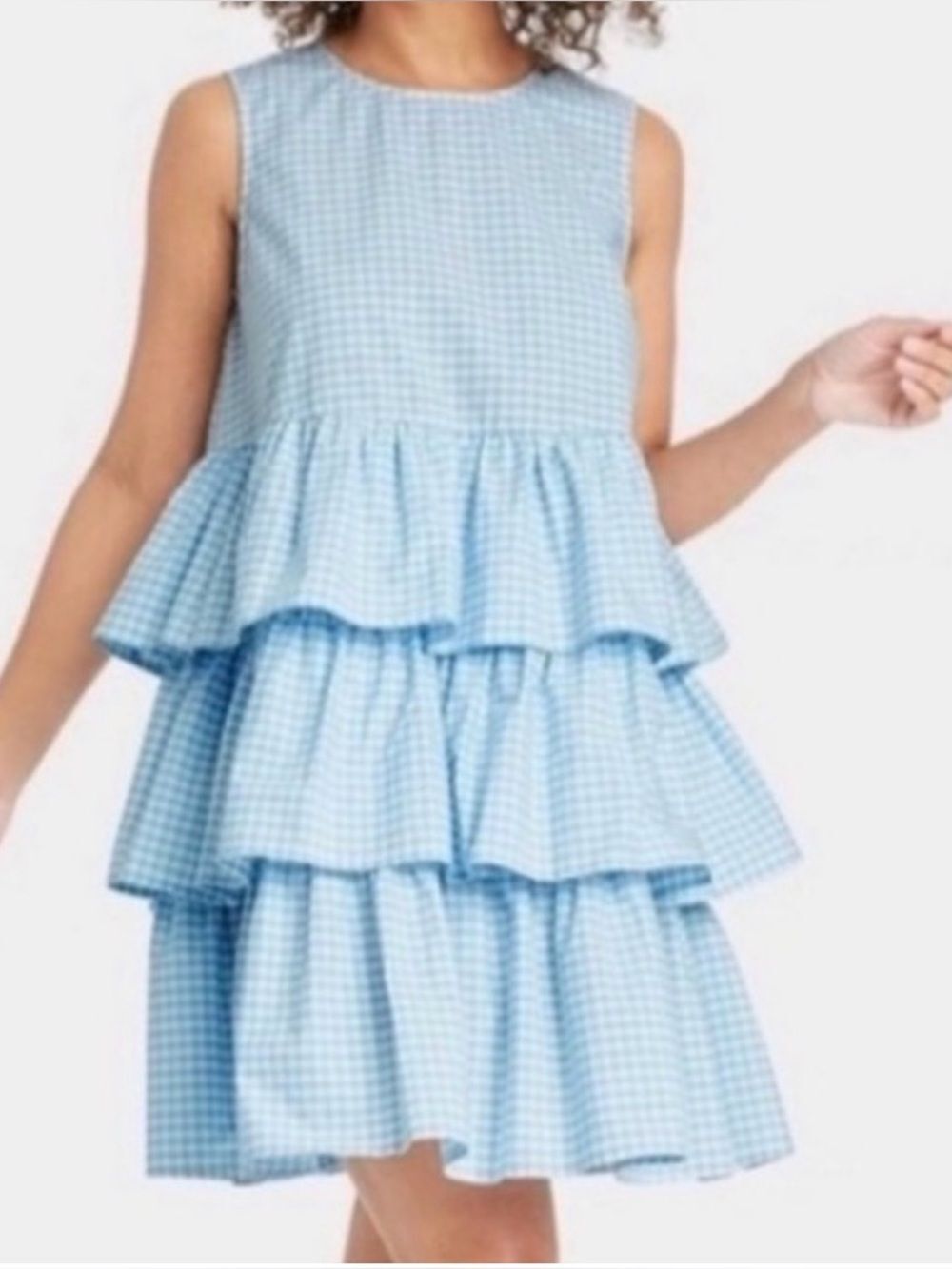 Who What Wear Blue White Gingham Tiered Ruffle Dress Medium 100% Cotton Mini